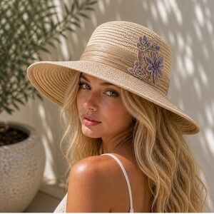 EUC LILY & TAYLOR Elegant Tan Wide-Brim Hat with Pearl Accent Lily & Taylor | Accessories | Vibrant Red Womens Hat With  main image 3